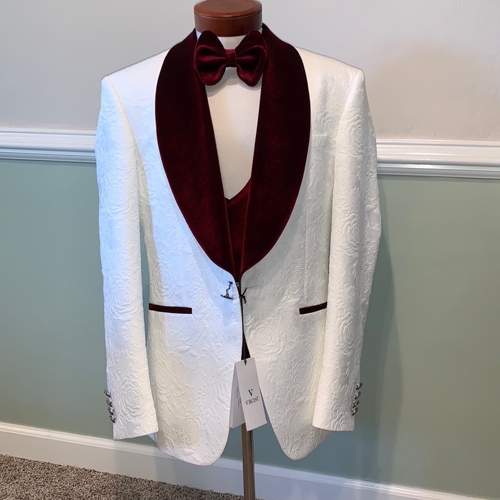 Vercini Tuxedo NWT, White & Burgundy (no bow tie), two pant sizes with this set